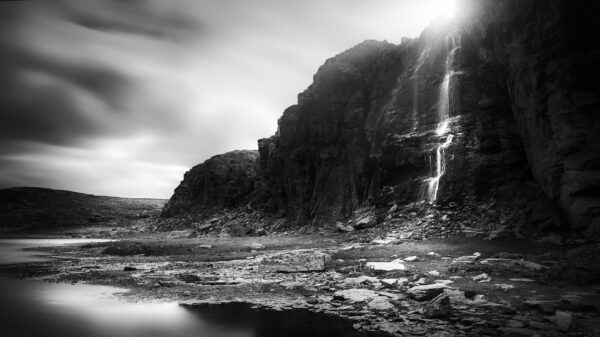 Waterfall, Dovrefjell Sunndalsfjella National Park, Norway, Black & White Phohography